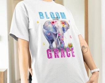 Bloom with Grace Shirt, Elephant Floral Tee, Nature Inspired Tshirt, Unisex Softstyle Top, Spring Blossoms Clothing, Botanical Garden