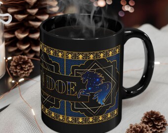 Tazza da caffè nera con unicorno spaziale personalizzata, regalo con nome personalizzato