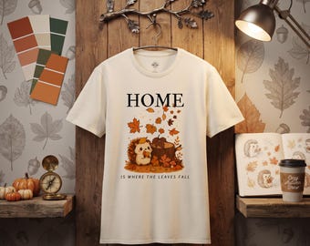 Home Hedgehog Fall Leaves T-Shirt | Autumn Leaves Cozy Fall Tee