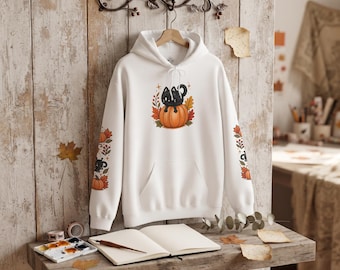 Black Cat on Pumpkin Hoodie | Autumn Leaves Sleeve Design