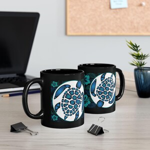 Sea Turtle Black Coffee Mug, Hawaiian Flowers, Beach Ocean Drinkware