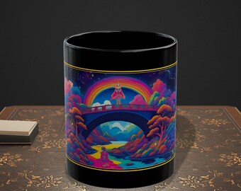 Rainbow Bridge Princess Mug | Black Ceramic Coffee Cup with Fairy Tale Landscape