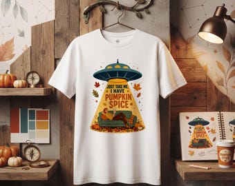 Pumpkin Spice UFO Abduction T-Shirt | Fall Leaves, Cozy Couch