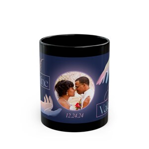Mug noir personnalisé avec photo de mariage, noms personnalisés, 11 oz, cadeau pour couple, tasse à café en céramique, cadeau d&#39;anniversaire romantique