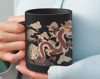 Dragon-Themed Black Mug, Perfect Gift for Fantasy Lovers, Unique Coffee Cup, Oriental Design, Dragon Art Drinkware