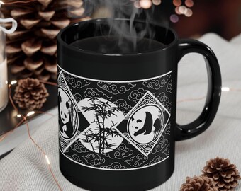 Tazza, design panda bianco e nero e bambù, grazioso regalo per gli amanti degli animali, tazza da tè, tazza da caffè, tazza in ceramica, decorazione da cucina, tema panda, natura