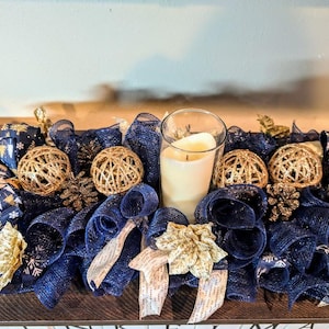Christmas Centerpiece for Table, Mantle, Christmas Decor, Candle, Gift, Holiday, Navy Blue and Gold