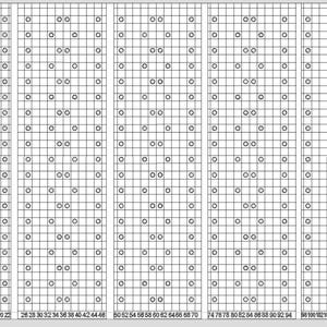 Puede incluir: Un patrón de cuadrícula en blanco y negro con círculos en varias posiciones. La cuadrícula está dividida en cinco secciones, cada una con 75 círculos.