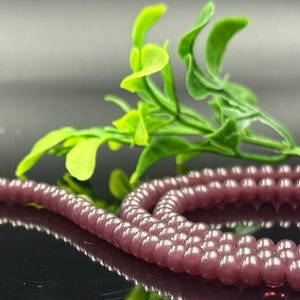 May include: A strand of small, round, purplish-pink beads, possibly gemstones, is coiled on a reflective surface. A sprig of green leaves adds a contrasting color. The beads are strung together, ready for jewelry making.