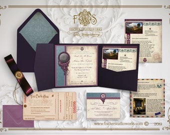 May include: A purple and blue wedding invitation with a vintage design. The invitation features a keyhole with a decorative key and a castle in the background. The text on the invitation reads "Sarah Lou & Matthew James".