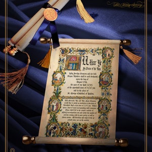 May include: A scroll with a gold seal and a blue ribbon, announcing the wedding of Lady Jocelyn Evanson and her lord Bryan Mathers on August 15th, 2015 at 9:00 PM at St. George Cathedral in London. The scroll also includes details about the reception at Woodbine Hall at 7:00 PM.