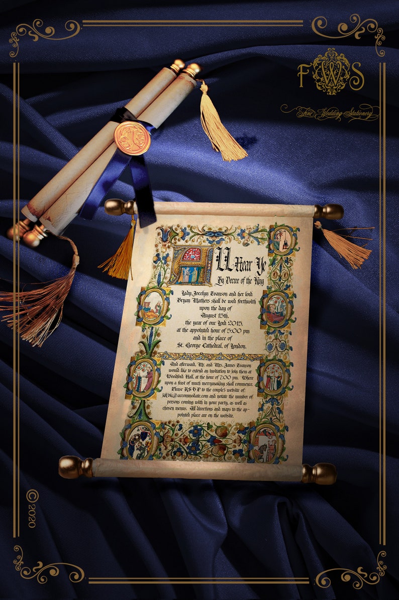 Invitación de boda medieval enrollada con varillas de pergamino imagen 1