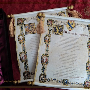 Invitación de boda medieval enrollada con varillas de pergamino Keepsake Scroll