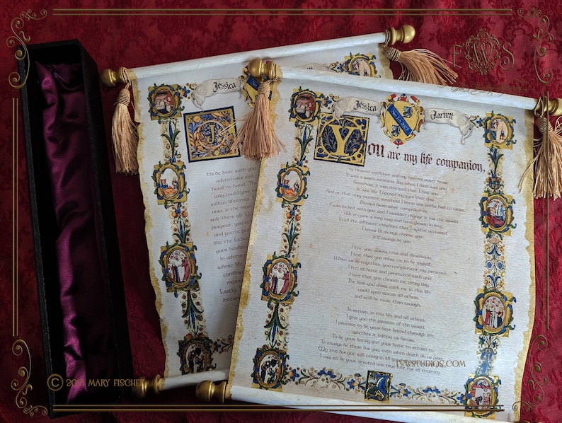Invitación de boda medieval enrollada con varillas de pergamino Keepsake Scroll
