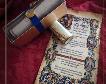 Recuerdo de boda o invitación con pergamino medieval, caja dorada de 8 pulgadas, cinta y sello