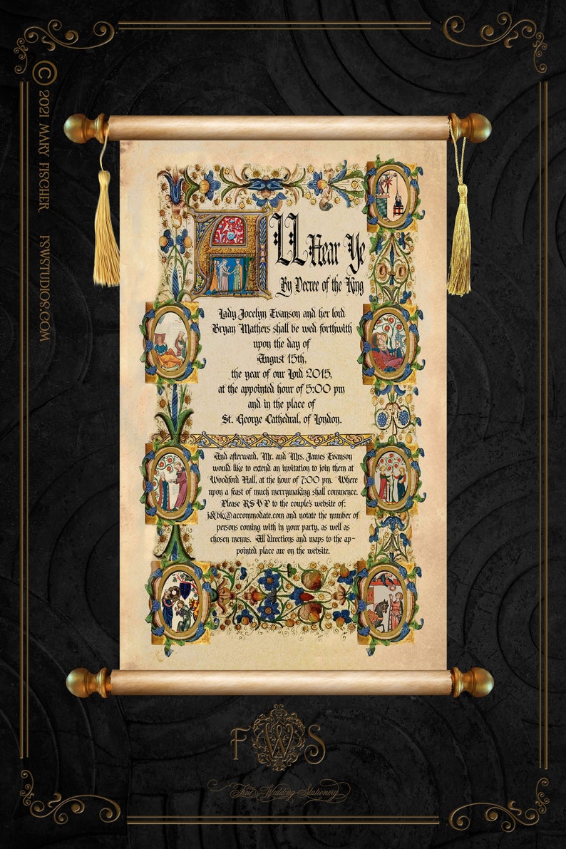 Medieval Wedding Invitation Scroll-rolled with scroll rods image 3