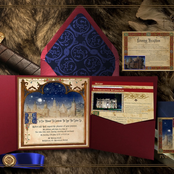 Conjunto de invitaciones de boda con temática de castillo medieval / Invitaciones de boda en destinos europeos