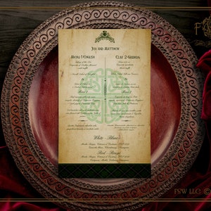 Dwujęzyczne menu na przyjęcie weselne lub specjalne okazje w stylu szkocko-gaelickim