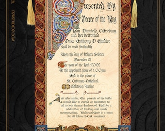 Medieval Wedding invitation scroll | Viking wedding scroll |  wedding scroll rolled with scroll rods | Medieval Book of Kells wedding scroll