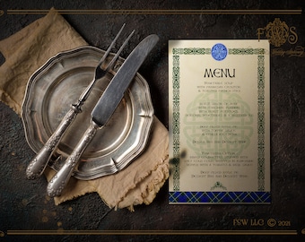 Printed table menus in Celtic style. Reception or other party event menu