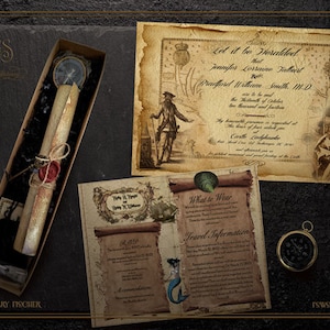 Caja de pergamino pirata para invitación de boda: incluye un mapa del tesoro, una invitación en pergamino sellada con cera y elementos de relleno opcionales