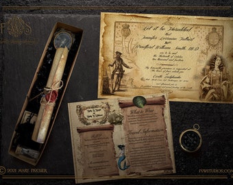 Pirate Scroll Box Wedding Inivitation -includes treasure map, wax sealed scroll invitation and optional filler items