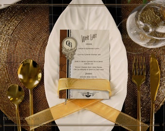 Art Deco Style Wine List, Roaring 20s Reception Menu Card