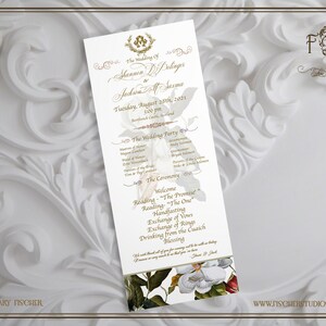 May include: A wedding ceremony program with a white background and gold text. The program includes the names of the bride and groom, the date and time of the ceremony, and the order of events. The program is decorated with a floral design.