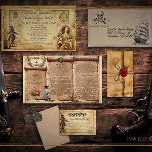 Juego de invitaciones de boda piratas de estilo plegado plano, también adecuadas para cumpleaños