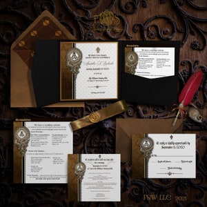 Um elegante conjunto de convites de casamento ou aniversário em estilo barroco ou renascentista - inclui cartão de recepção opcional e dois folhetos informativos