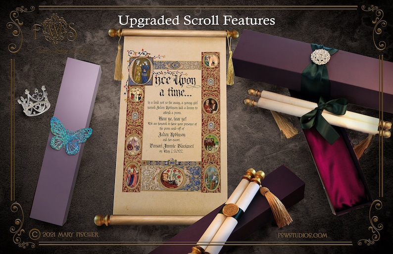 Invitación de boda medieval enrollada con varillas de pergamino Upgraded scroll