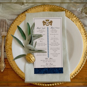 Dwujęzyczne menu na przyjęcie weselne w stylu Royal Regency lub na specjalne okazje