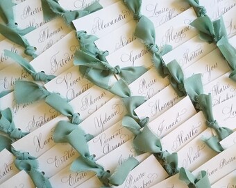 Wedding placecards with ribbon, calligraphy, handwritten, elegant, classic, luxury, dinner. MORE COLORS AVAILABLE