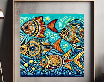 Fish Aboriginal Dot Art Digital Download for a Canvas or Wall Poster Framed Picture Original Indigenous Style Designed in Australia