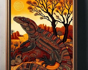 Goanna Sun Aboriginal Dot Art for Canvas, Wall Poster or Framed Picture Original Dot Art Print Designed in Australia for Digital Download