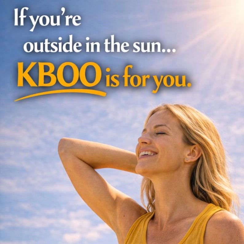 May include: A woman smiles with her eyes closed, reaching up towards the sun. The sky is blue with some clouds. Text in the image reads: "If you're outside in the sun... KBOO is for you."