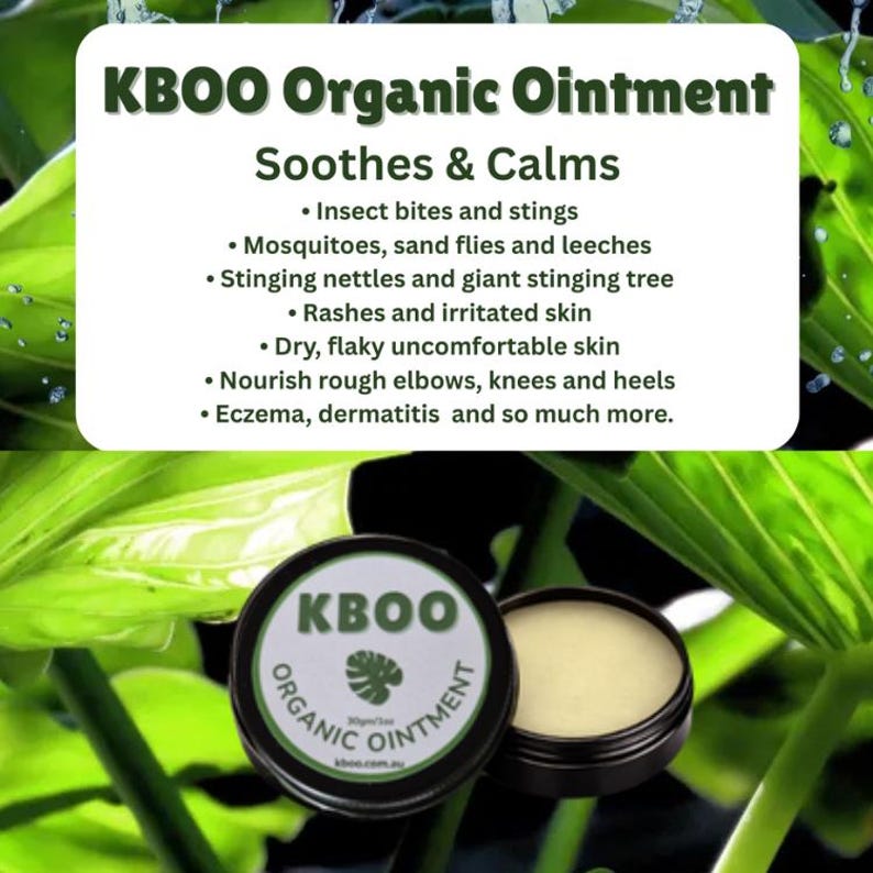 May include: A black tin of KBOO Organic Ointment with a green and white label, next to an open tin of the ointment. The text on the label reads "KBOO Organic Ointment" and "Soothes & Calms". The image is set against a background of green leaves.