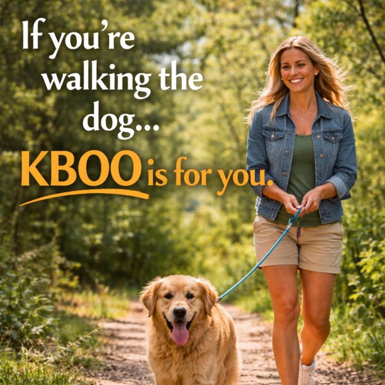 May include: A woman walking a golden retriever on a path in a park. The dog is on a blue leash. The text "If you're walking the dog... KBOO is for you" is in the upper left corner.