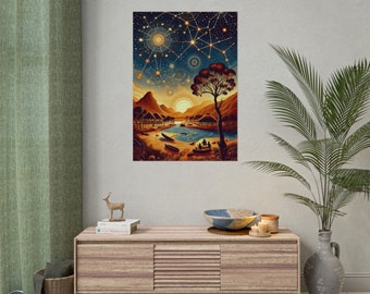 Night Sky art wall poster, Australian dot art. Wall art poster. Wall Hanging. Original art prints. Designed in Australia. Printed art.