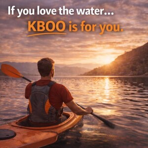 May include: An orange kayak on a lake at sunset. A person in a red shirt and life vest paddles the kayak. The text "If you love the water... KBOO is for you." is at the top of the image.