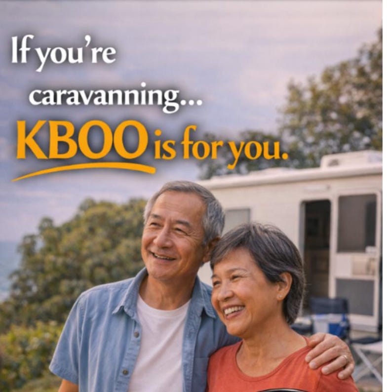 May include: An older Asian couple smiles in front of a recreational vehicle. The text "If you're caravanning... KBOO is for you" is displayed in white and orange. The background includes trees and a cloudy sky.