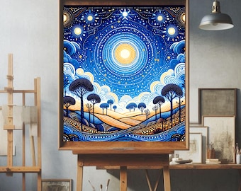 Blue Moon Aboriginal Dot Art Digital Download for a Canvas or Wall Poster Framed Picture Original Indigenous Style Designed in Australia