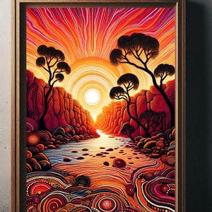 Billabong Sun Aboriginal Dot Art Digital Download for a Canvas or Wall Poster Framed Picture Original Indigenous Style Designed in Australia