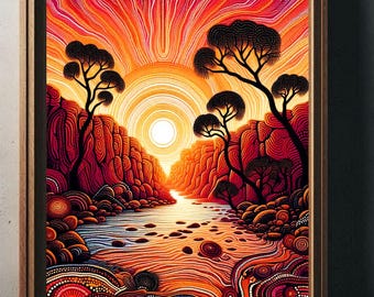 Billabong Sun Aboriginal Dot Art Digital Download for a Canvas or Wall Poster Framed Picture Original Indigenous Style Designed in Australia