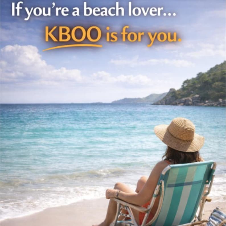 May include: A person relaxing on a beach in a striped beach chair, wearing a straw hat, with the ocean and sky in the background. The text "If you're a beach lover... KBOO is for you" is visible.