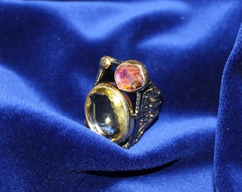 Elegant Sterling Silver 925 Ring,Black Rhodium & Gold Plated with Lemon Topaz and Tourmaline Gemstones,Perfect Gift