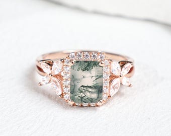 Emerald Cut Moss Agate Ring, Delicate Halo Engagement Ring, 14K Unique Wedding Bridal Ring, Butterfly Cluster Anniversary Ring