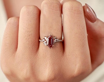 Vintage Hexagon Alexandrite Ring: Rose Gold Cluster Wedding Bridal Ring