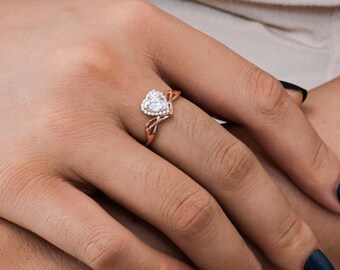 Halo Moissanite Engagement Ring, 14K Solid Gold Heart Cut Wedding Ring, Curved Bridal Ring, Dainty Promise Ring Anniversary Ring for Women