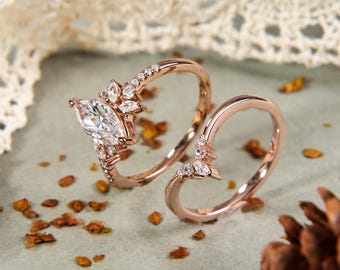 Vintage Moissanite Engagement Ring Set: Marquise Cut Bridal Cluster